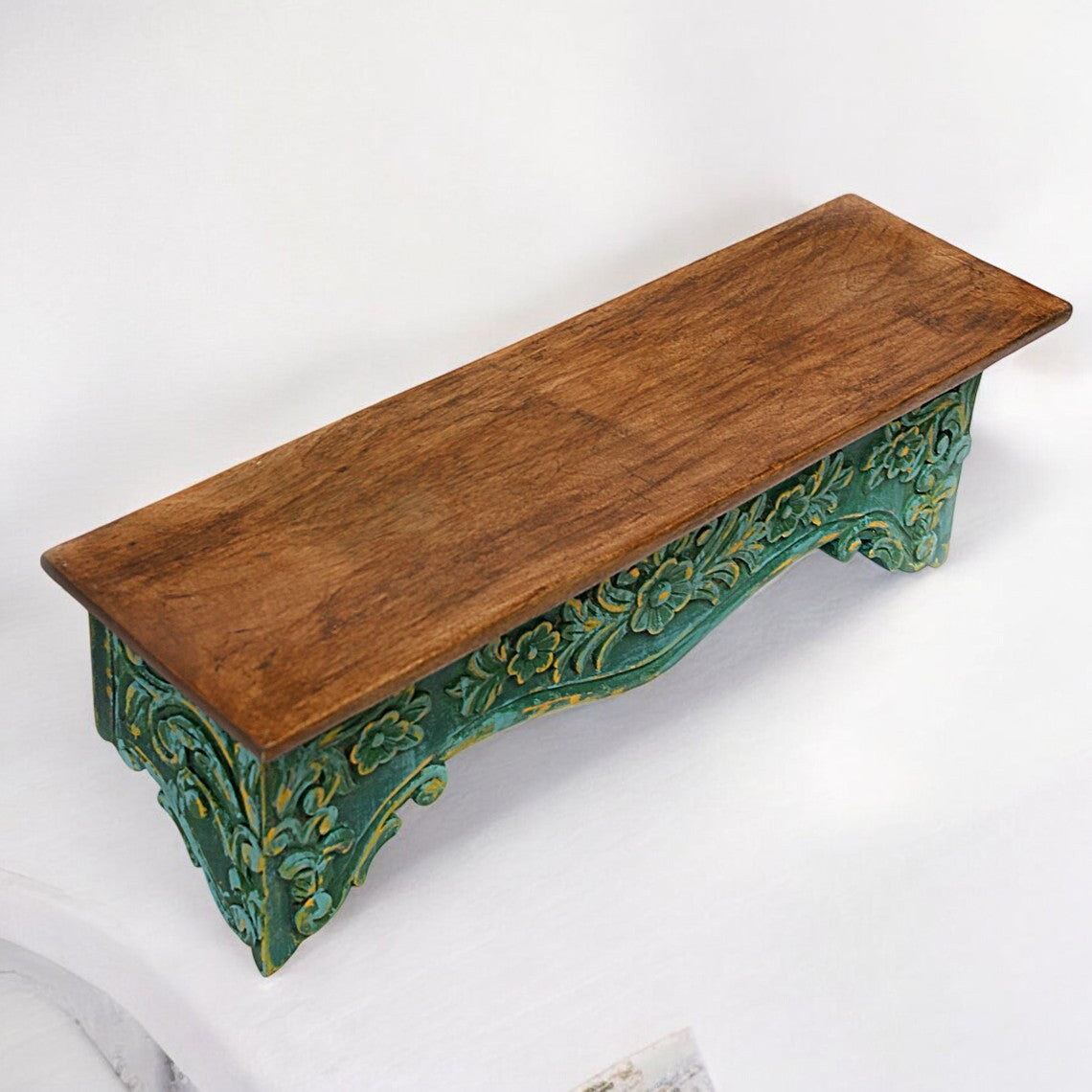 Jodhpur Hand-Carved Indian Vintage Wooden Wall Shelf - Rustic Floral Design, 24x8x7 Inch
