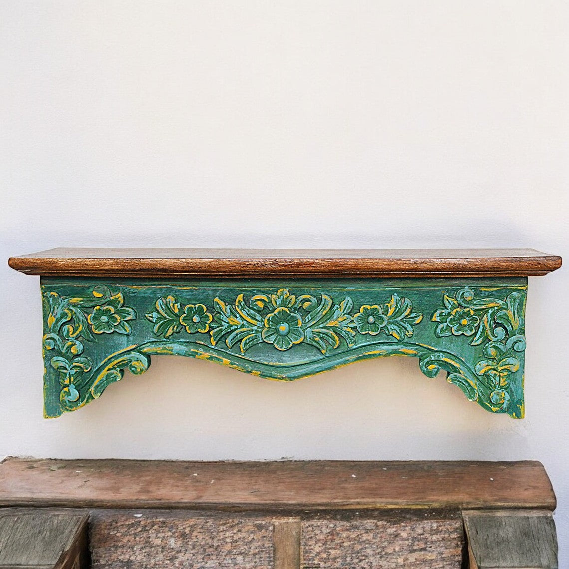 Jodhpur Hand-Carved Indian Vintage Wooden Wall Shelf - Rustic Floral Design, 24x8x7 Inch