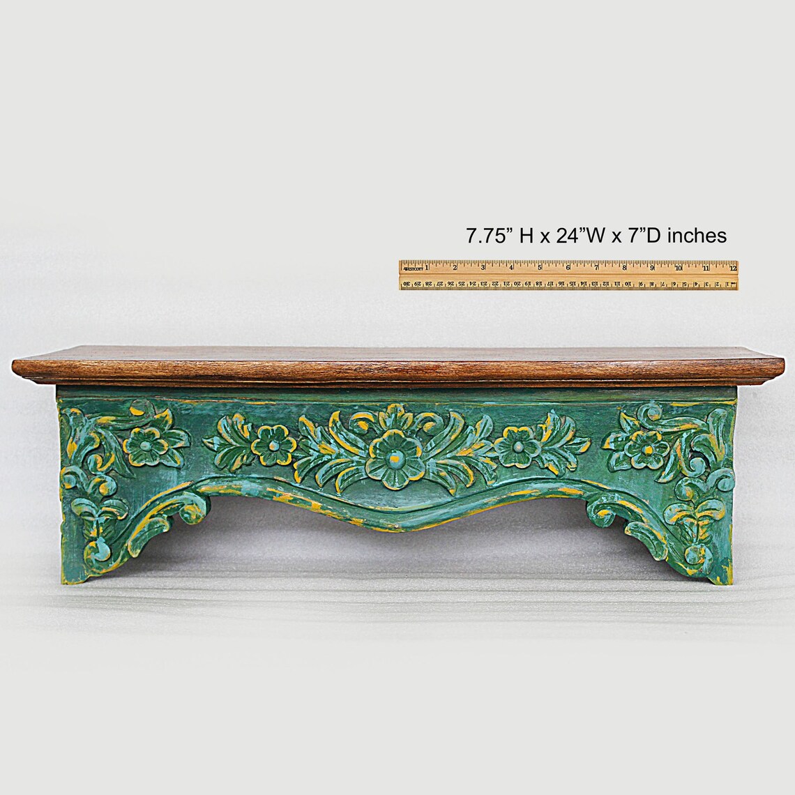 Jodhpur Hand-Carved Indian Vintage Wooden Wall Shelf - Rustic Floral Design, 24x8x7 Inch