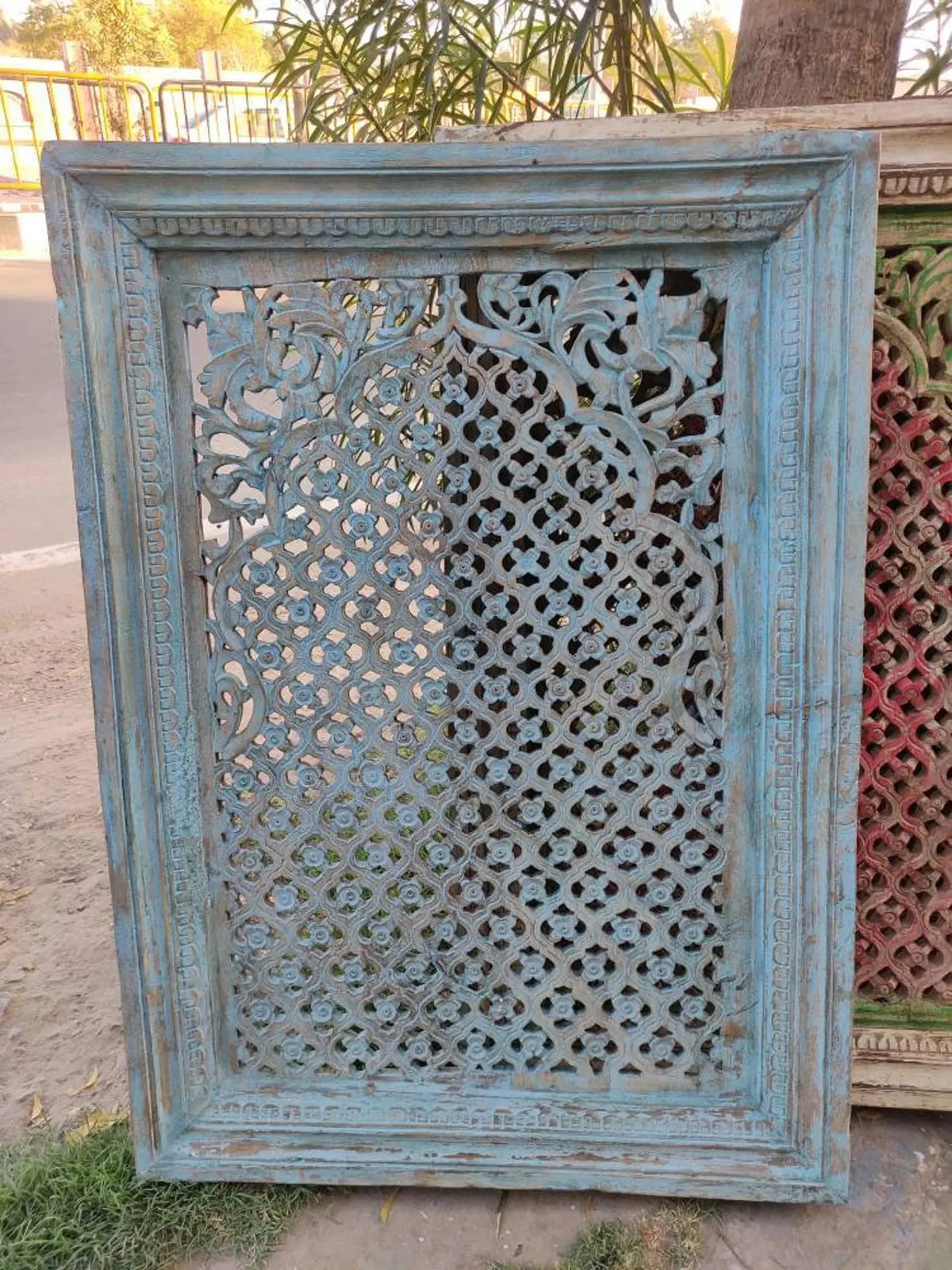 Hand‑Carved Floral Wall Panel — Indian Mango Wood, Distressed Brown, 105 × 75 Cms plaques  above bed decor jlhomedecor2021.myshopify.com