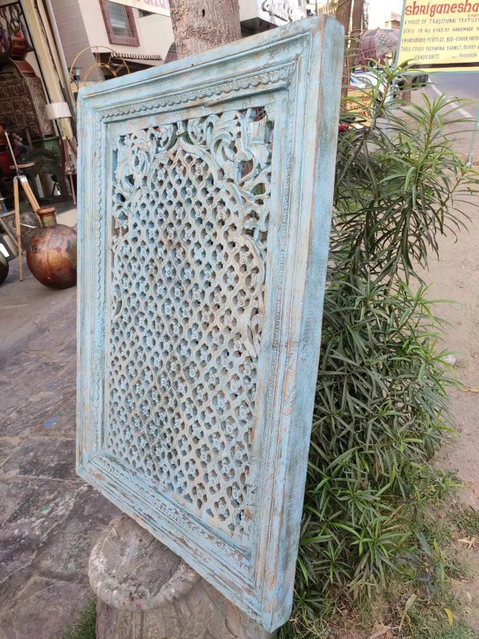 Hand‑Carved Floral Wall Panel — Indian Mango Wood, Distressed Brown, 105 × 75 Cms plaques  above bed decor jlhomedecor2021.myshopify.com