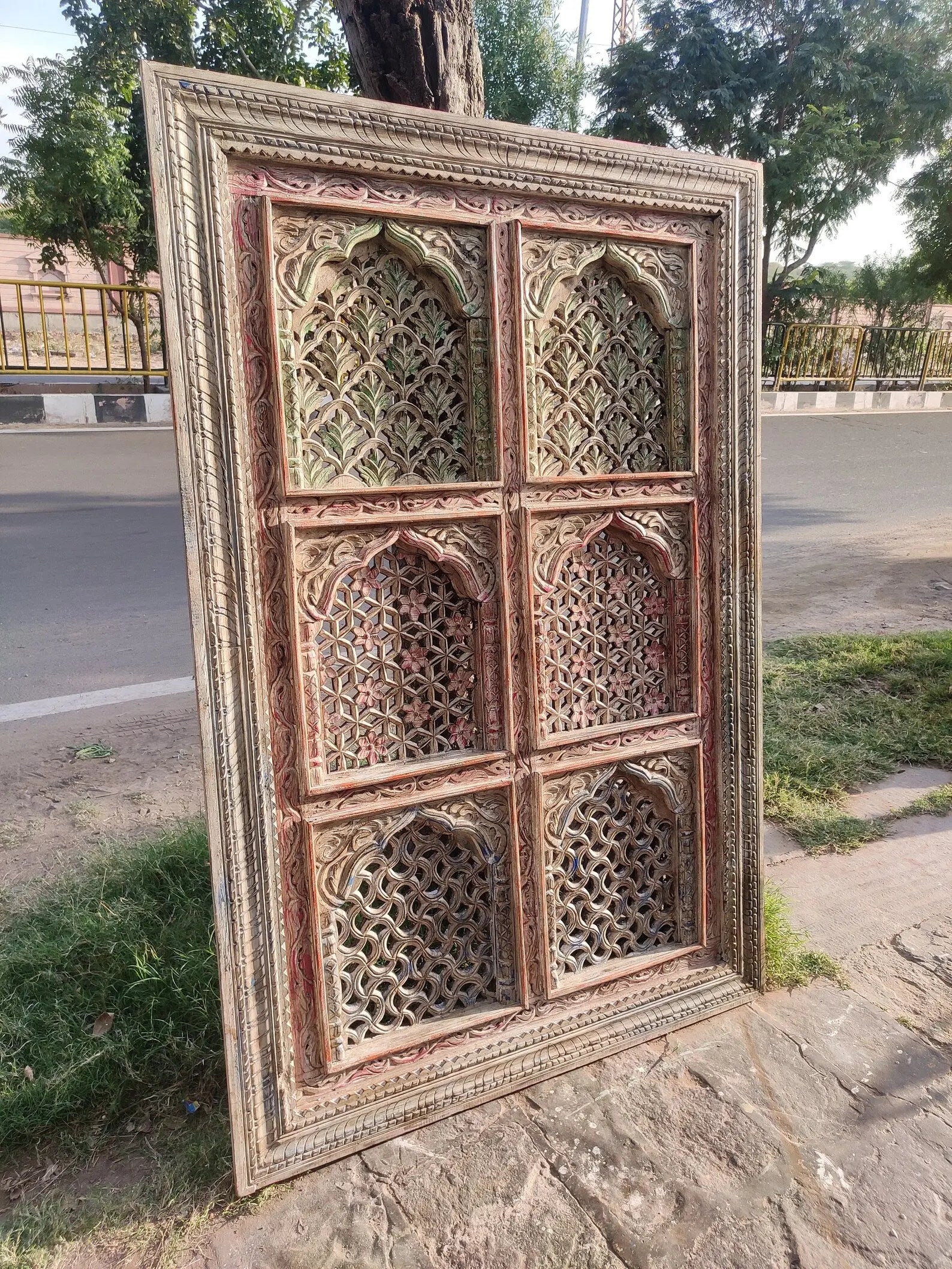Hand‑Carved Floral Wall Panel — Indian Mango Wood, Distressed Finish, 180 × 120 cms plaques  above bed decor jlhomedecor2021.myshopify.com