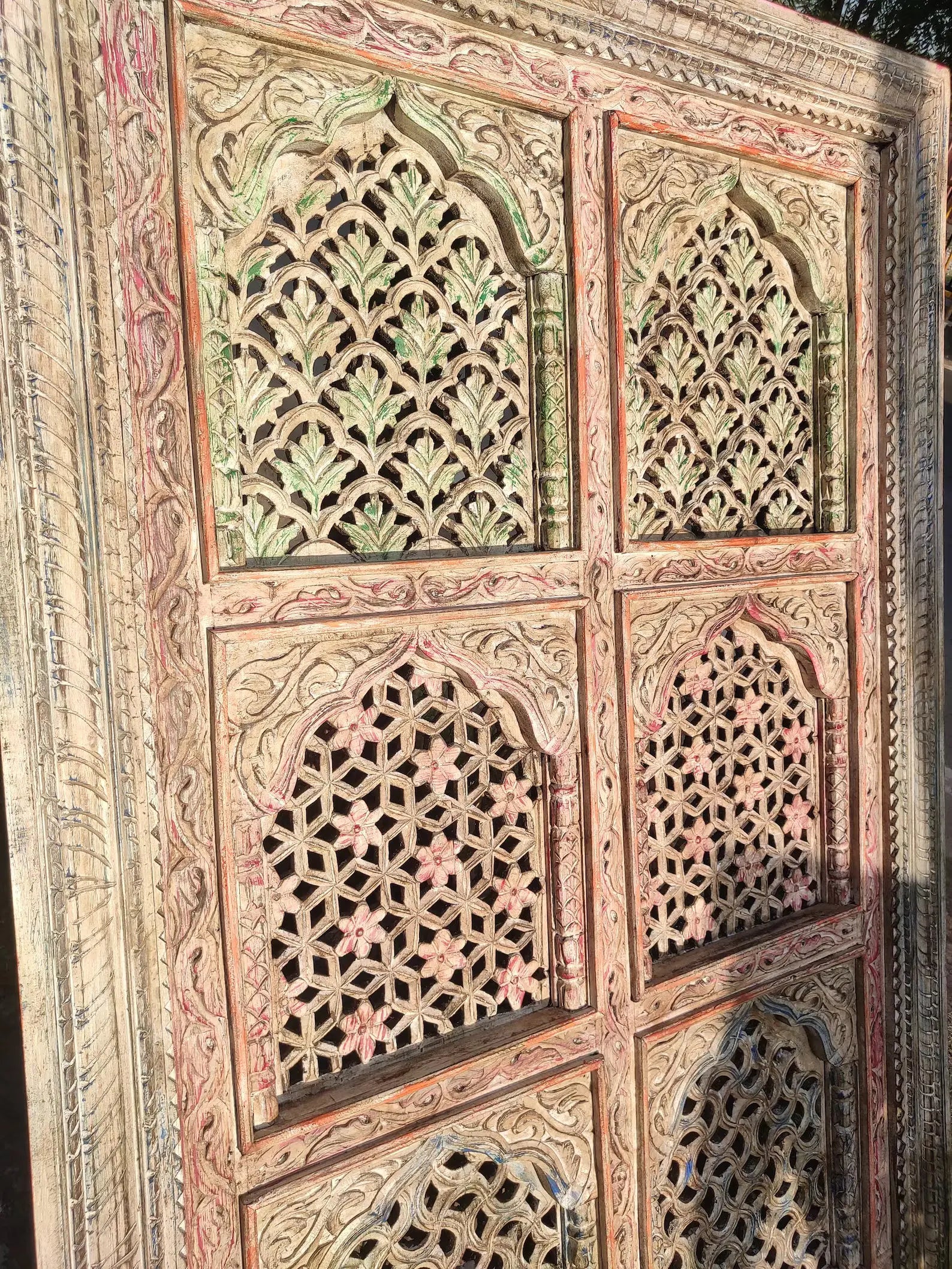Hand‑Carved Floral Wall Panel — Indian Mango Wood, Distressed Finish, 180 × 120 cms plaques  above bed decor jlhomedecor2021.myshopify.com