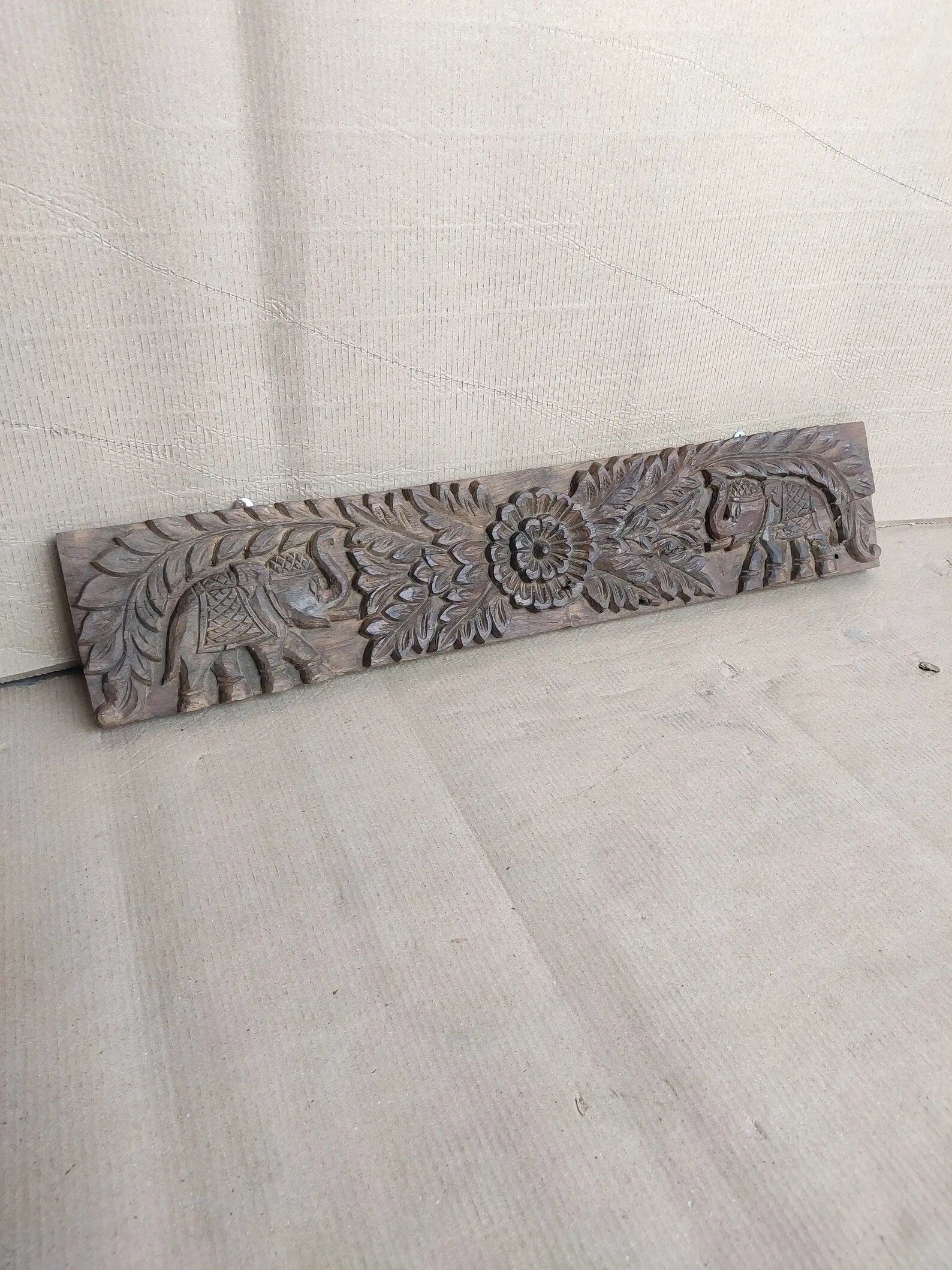 Vintage Ethnic Animals Carved Teak Wood Panel — Elephant Motif, Natural Finish Wall/Front‑Door Decor plaques  animals wall decor jlhomedecor2021.myshopify.com