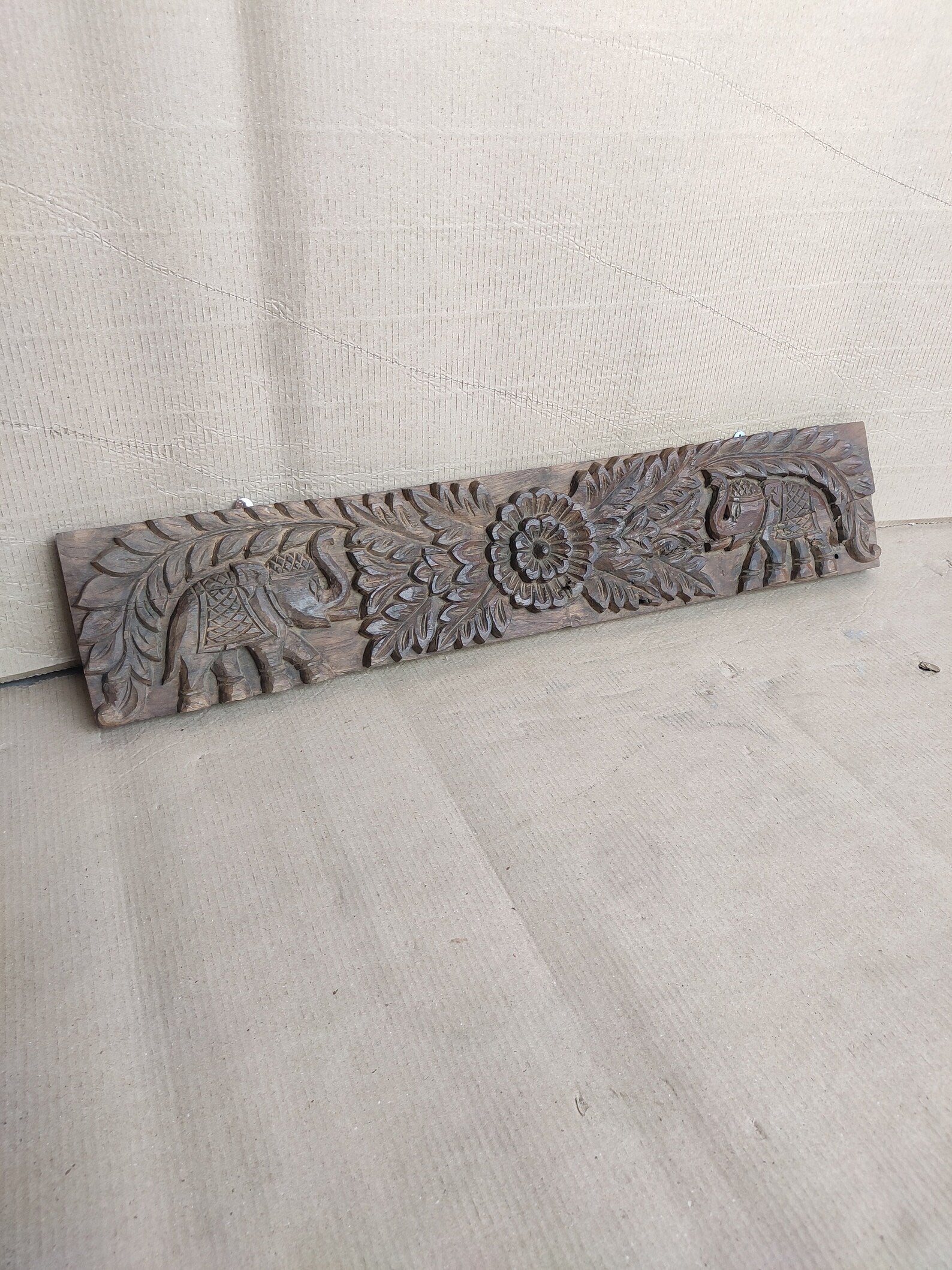 Vintage Ethnic Animals Carved Teak Wood Panel — Elephant Motif, Natural Finish Wall/Front‑Door Decor