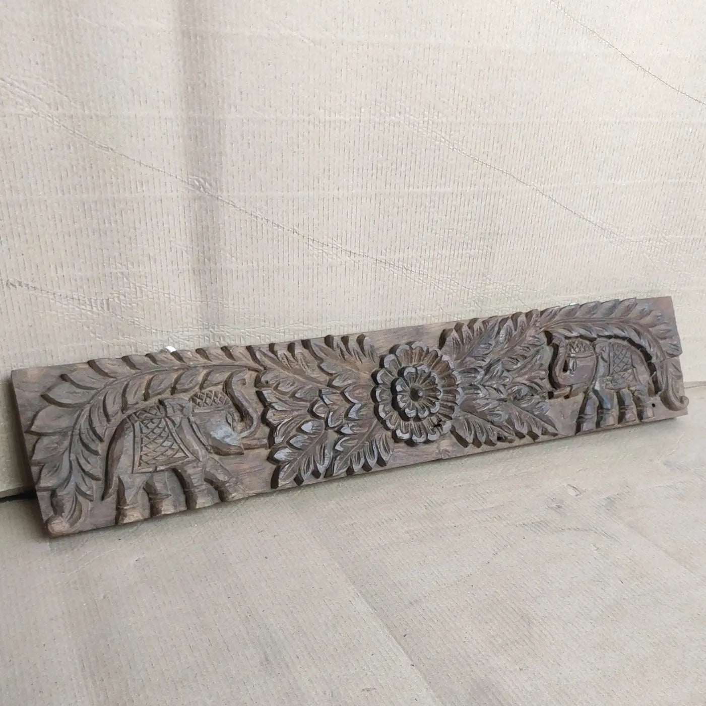 Vintage Ethnic Animals Carved Teak Wood Panel — Elephant Motif, Natural Finish Wall/Front‑Door Decor plaques  animals wall decor jlhomedecor2021.myshopify.com