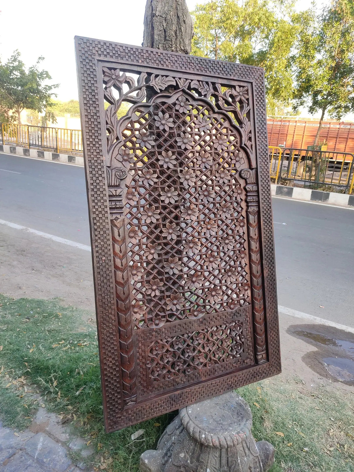 Hand‑Carved Jali Wall Panel — Intricate Mango Wood, Brown Finish, 150 × 90 cm plaques  architectural wall panel jlhomedecor2021.myshopify.com