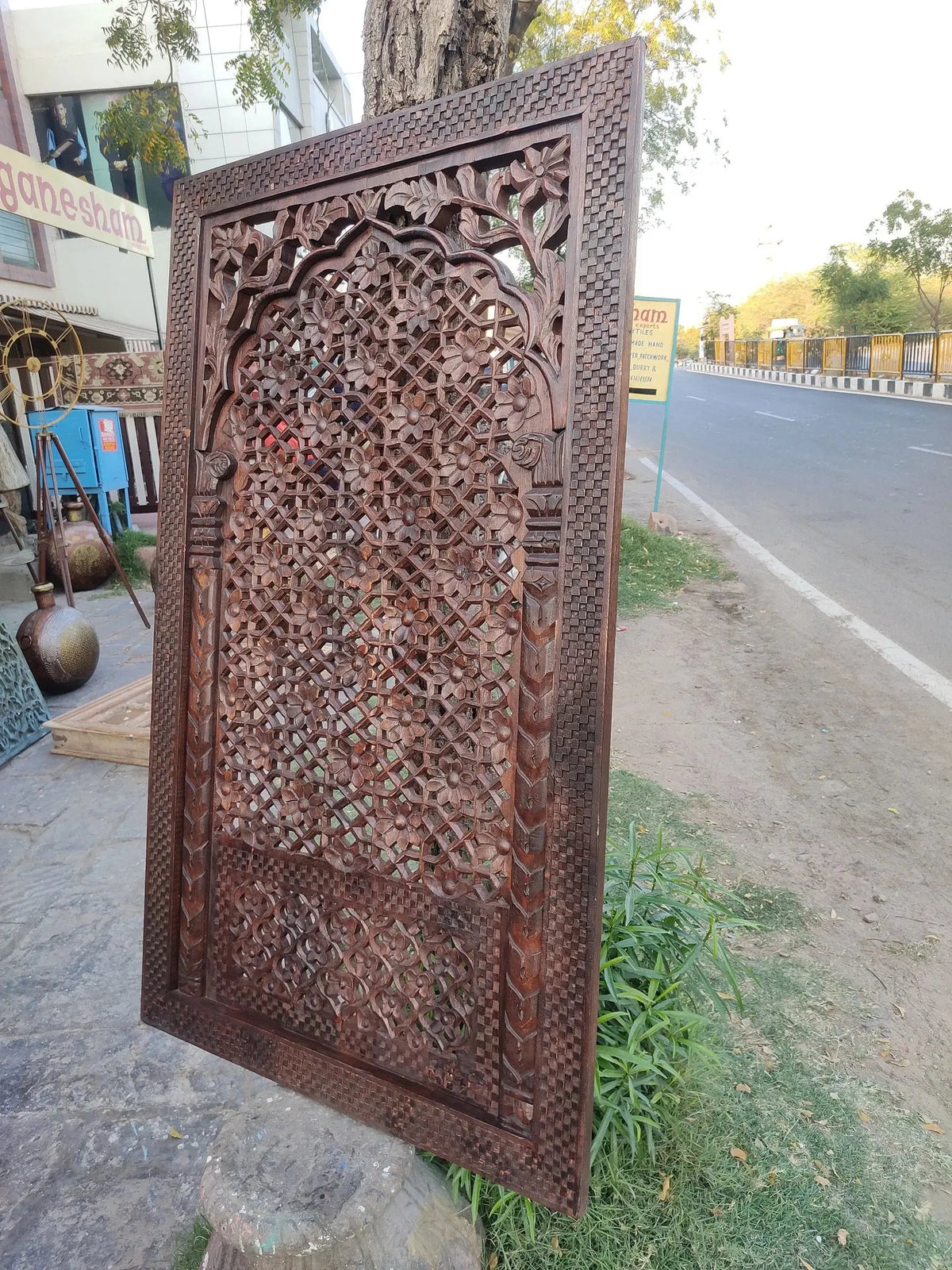 Hand‑Carved Jali Wall Panel — Intricate Mango Wood, Brown Finish, 150 × 90 cm plaques  architectural wall panel jlhomedecor2021.myshopify.com