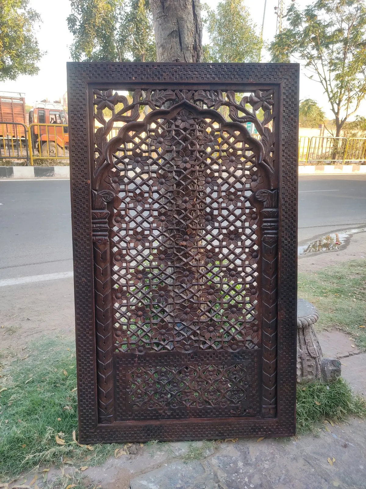 Hand‑Carved Jali Wall Panel — Intricate Mango Wood, Brown Finish, 150 × 90 cm plaques  architectural wall panel jlhomedecor2021.myshopify.com