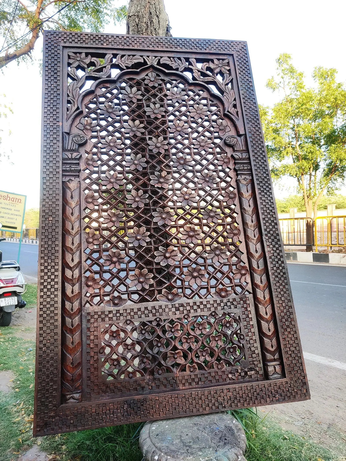Hand‑Carved Jali Wall Panel — Intricate Mango Wood, Brown Finish, 150 × 90 cm plaques  architectural wall panel jlhomedecor2021.myshopify.com