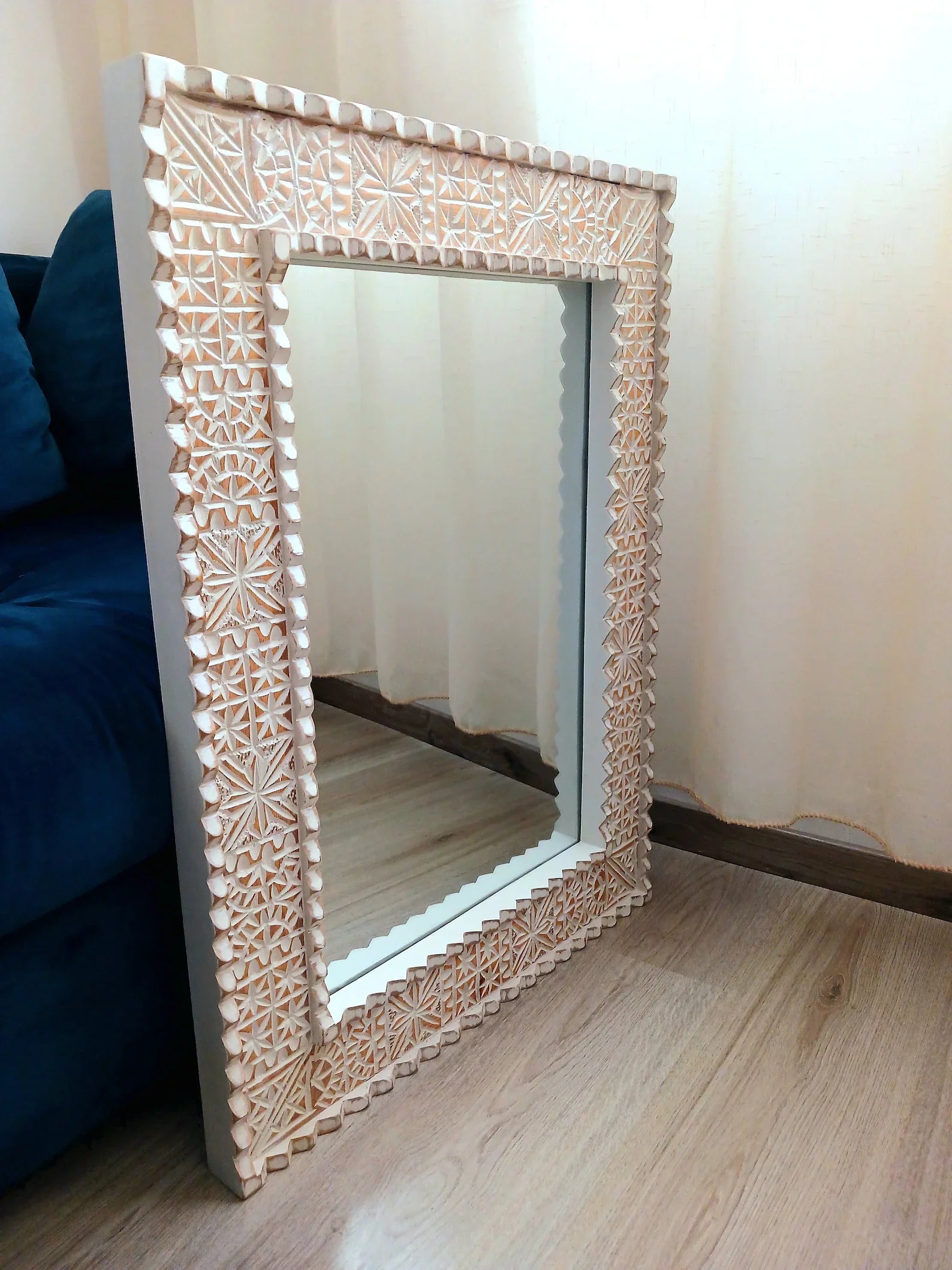 Beige Moroccan Hand Carved Wooden Mirror - Carved Mirror in Vintage Style - Old Wall Mirror Frame- Decor Wood Frame - Farmhouse Wall Decor.