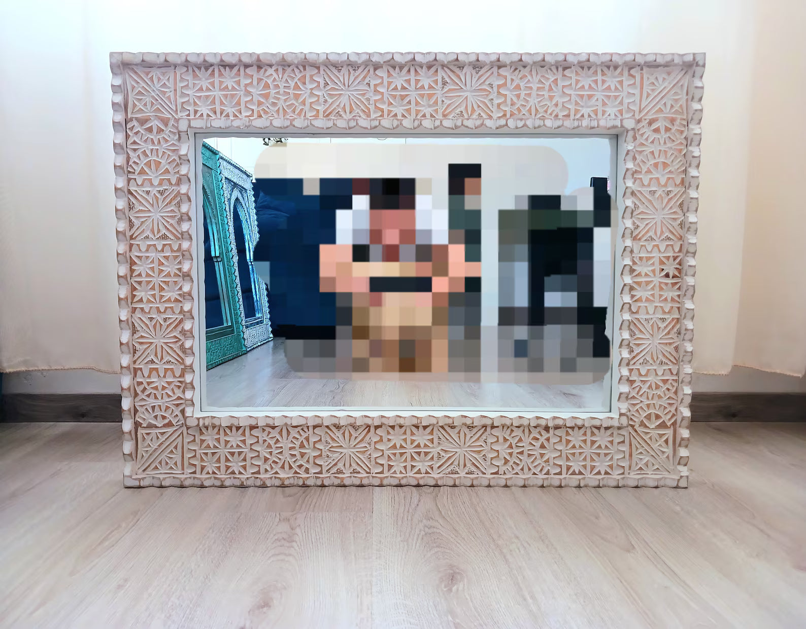 Beige Moroccan Hand Carved Wooden Mirror - Carved Mirror in Vintage Style - Old Wall Mirror Frame- Decor Wood Frame - Farmhouse Wall Decor.