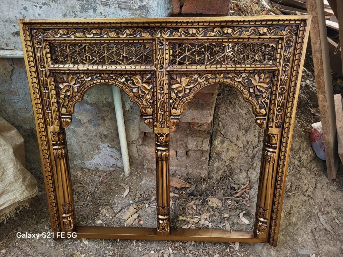 Indian Jaali Carved Jharokha Mirror — Solid Mango Wood, 120 × 100 × 8 cm, Antique Rustic Gold Mirror  185x90 cm mirror jlhomedecor2021.myshopify.com