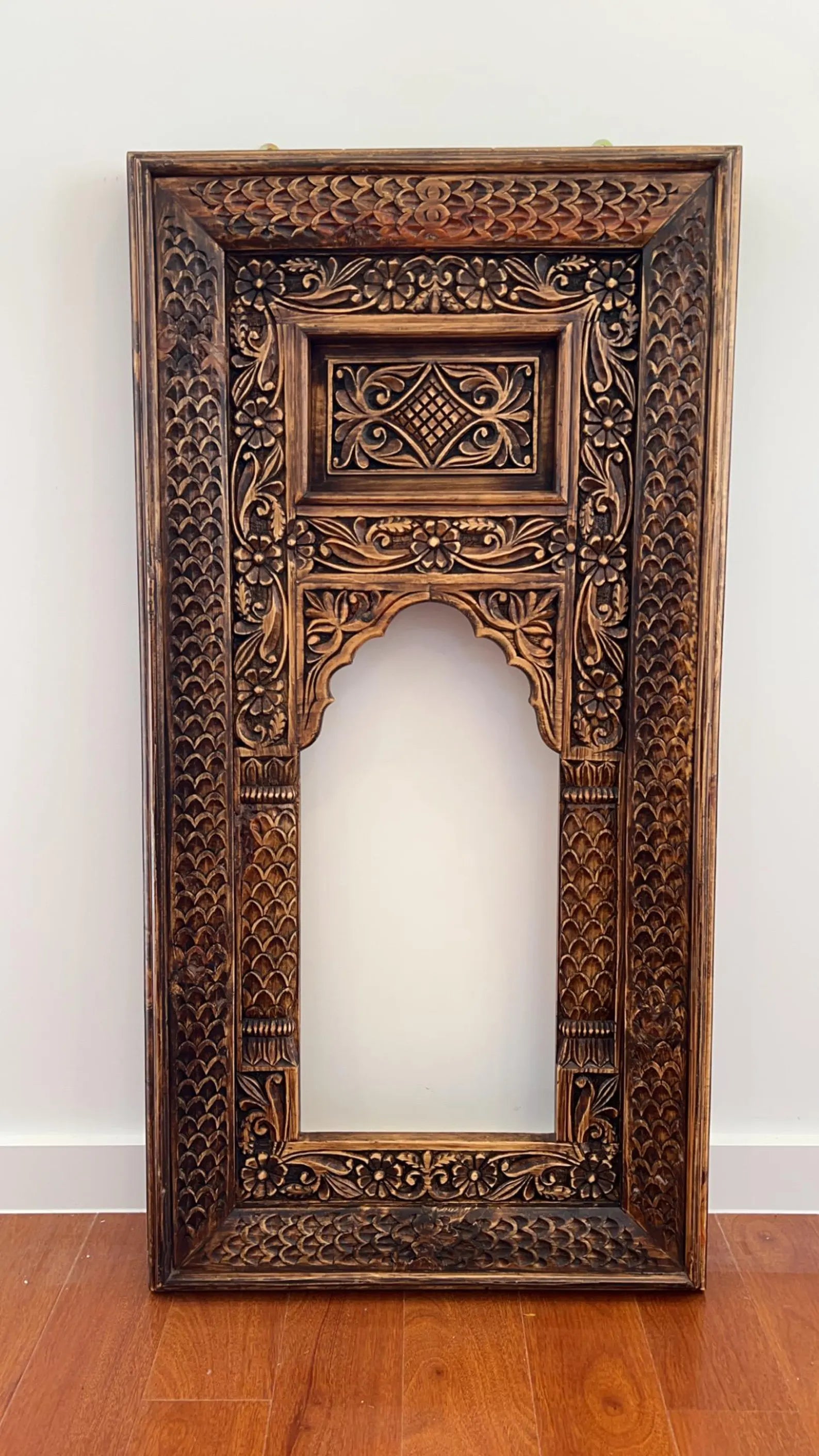 Hand‑Carved Mango Wood Wall Mirror — Rustic Floral Panel Frame, 75 × 45 cm | Living Furn India
