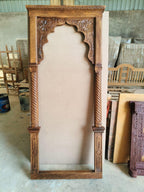 Antique‑Inspired Carved Wooden Wall Mirror in Distressed Brown — Rustic Barn Entryway/Table Mirror | Living Furn India .