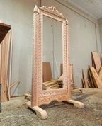 Freestanding Hand‑Carved Mango Wood Cheval Mirror — Antique Scroll Frame, 185 × 90 cm | Living Furn India