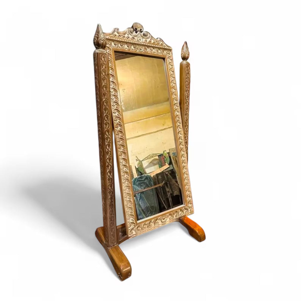 Freestanding Hand‑Carved Mango Wood Cheval Mirror — Antique Scroll Frame, 185 × 90 cm | Living Furn India