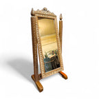 Freestanding Hand‑Carved Mango Wood Cheval Mirror — Antique Scroll Frame, 185 × 90 cm | Living Furn India