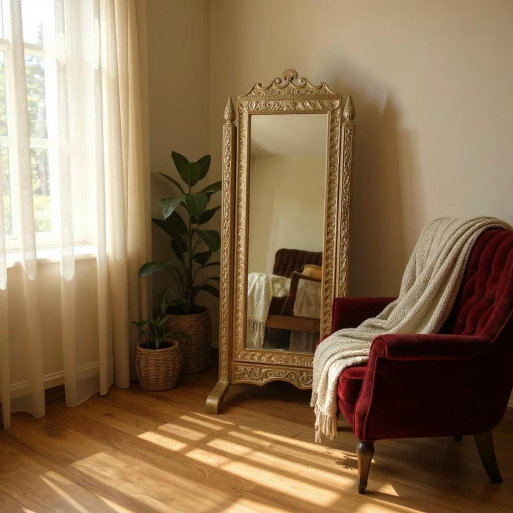 Freestanding Hand‑Carved Mango Wood Cheval Mirror — Antique Scroll Frame, 185 × 90 cm | Living Furn India