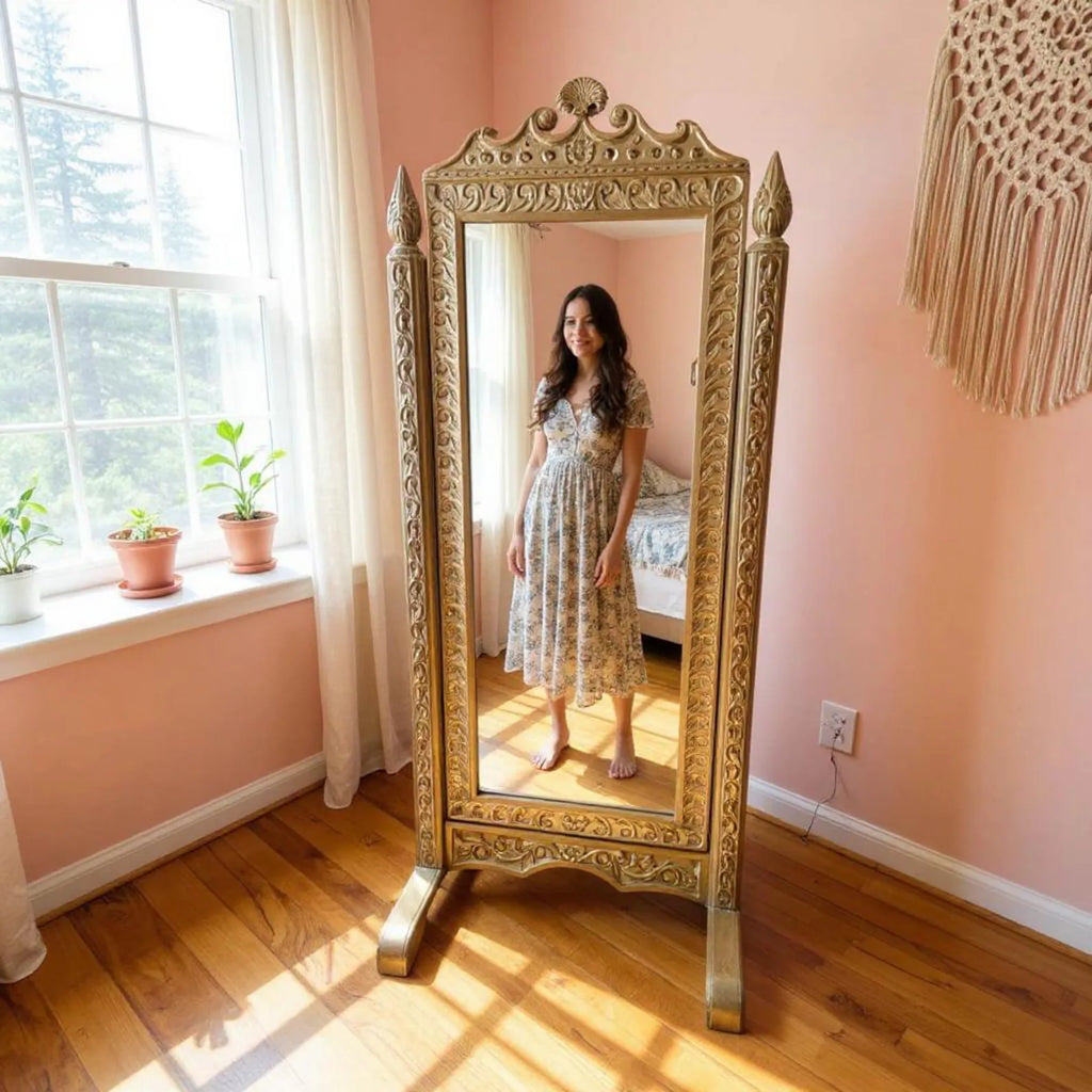 Freestanding Hand‑Carved Mango Wood Cheval Mirror — Antique Scroll Frame, 185 × 90 cm | Living Furn India