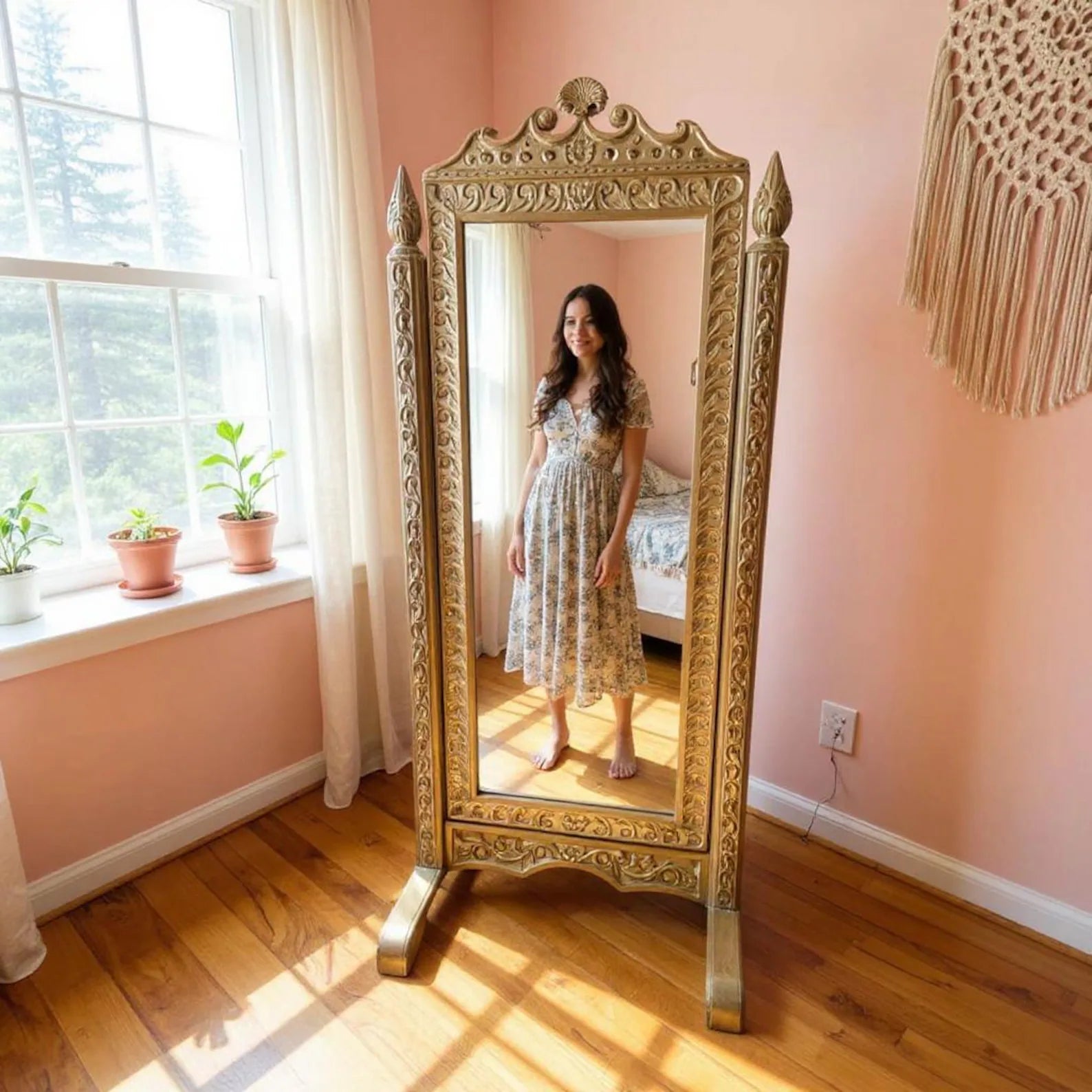 Freestanding Hand‑Carved Mango Wood Cheval Mirror — Antique Scroll Frame, 185 × 90 cm | Living Furn India