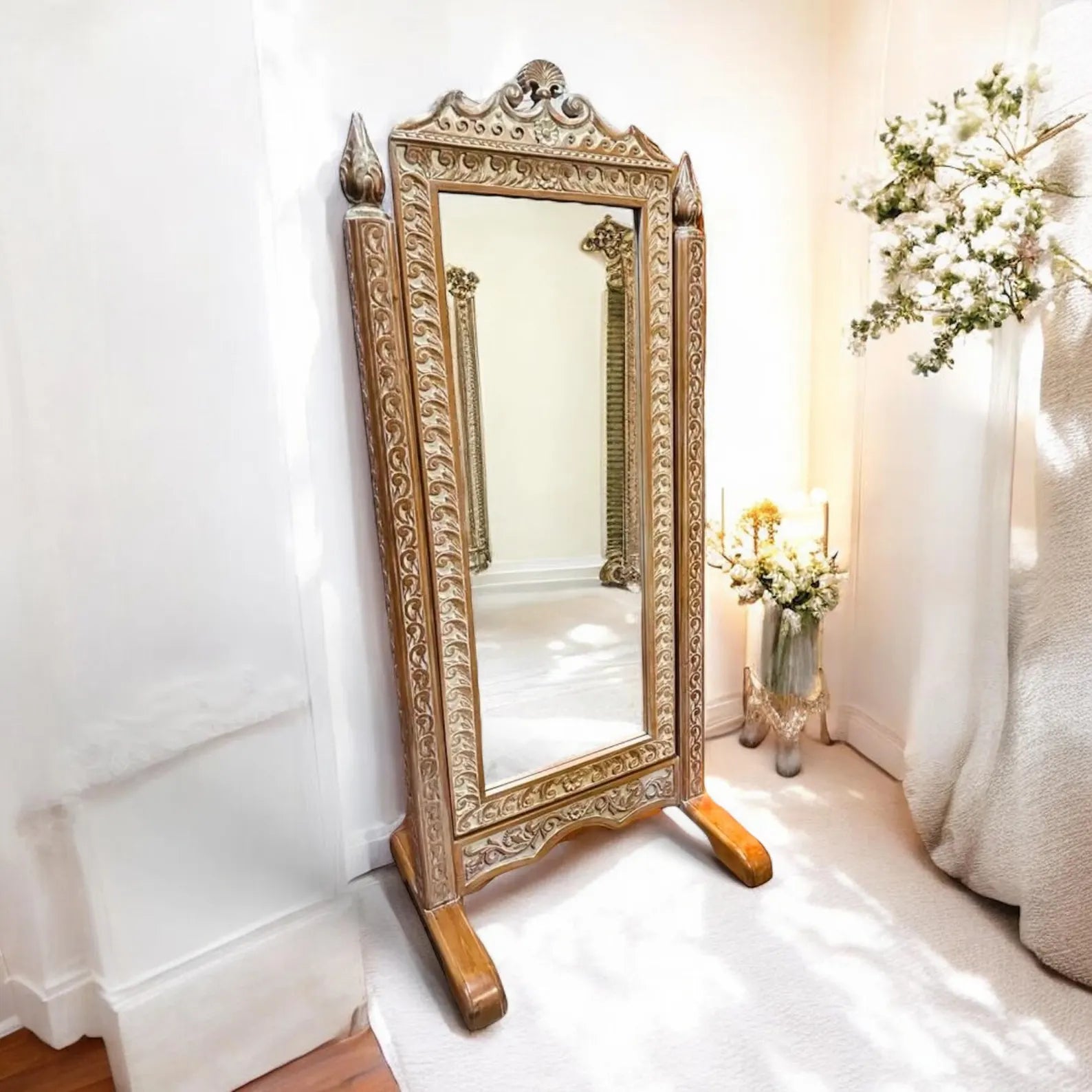 Freestanding Hand‑Carved Mango Wood Cheval Mirror — Antique Scroll Frame, 185 × 90 cm | Living Furn India