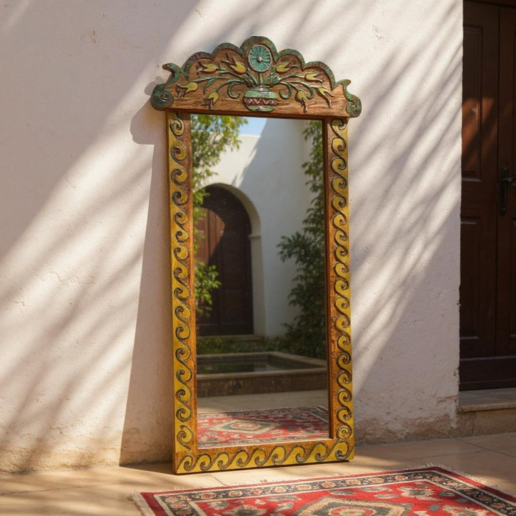 Boho Hand‑Carved Mango Wood Floor/Wall Mirror Frame — Painted Scalloped Crest, 74 × 23 in | Living Furn India