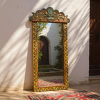 Boho Hand‑Carved Mango Wood Floor/Wall Mirror Frame — Painted Scalloped Crest, 74 × 23 in | Living Furn India