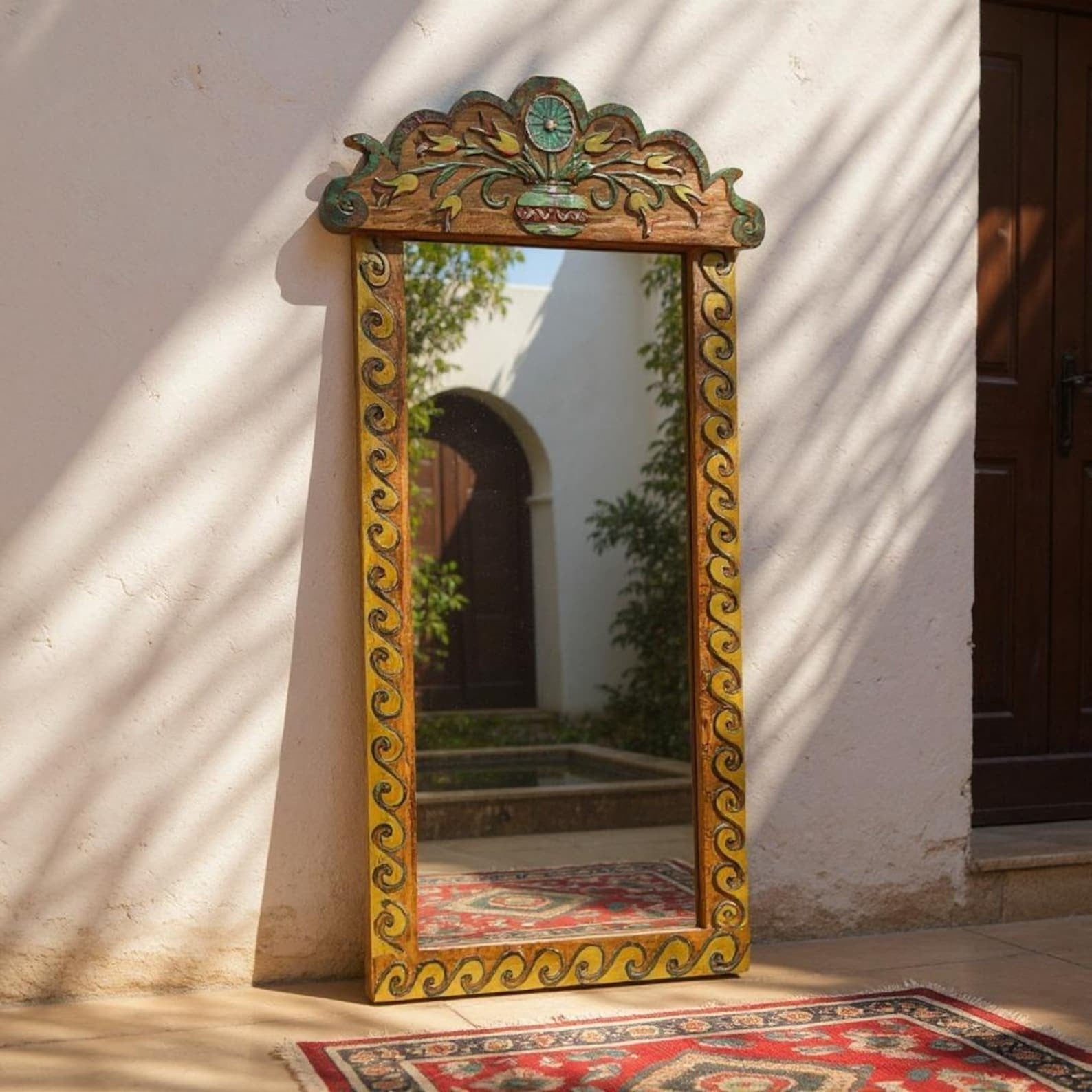 Boho Hand‑Carved Mango Wood Floor/Wall Mirror Frame — Painted Scalloped Crest, 74 × 23 in | Living Furn India