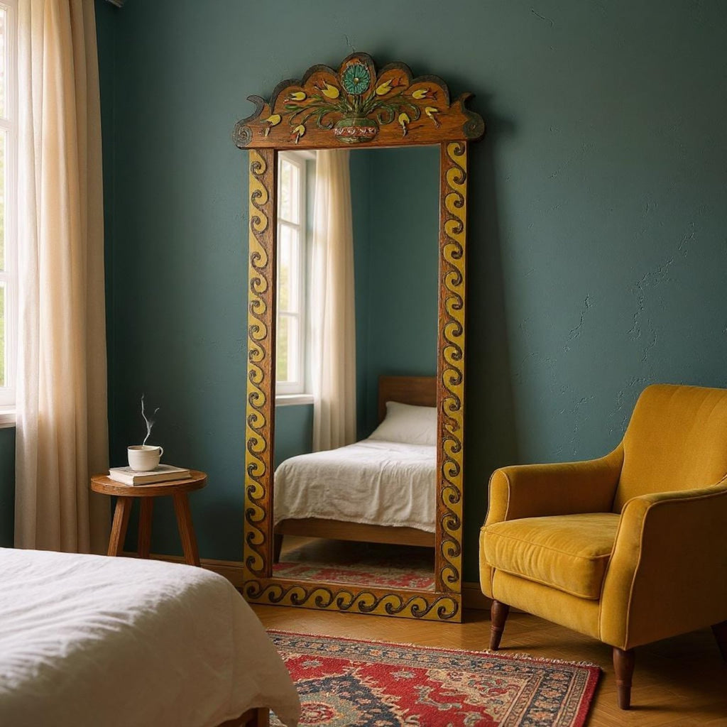 Boho Hand‑Carved Mango Wood Floor/Wall Mirror Frame — Painted Scalloped Crest, 74 × 23 in | Living Furn India