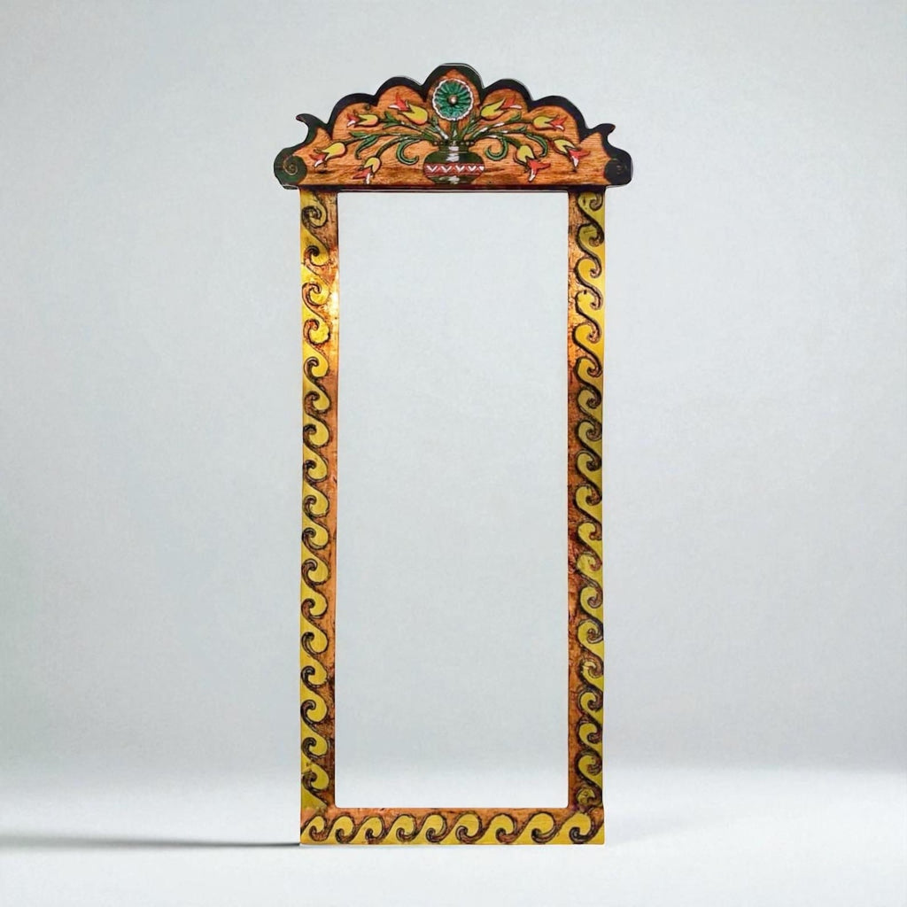 Boho Hand‑Carved Mango Wood Floor/Wall Mirror Frame — Painted Scalloped Crest, 74 × 23 in | Living Furn India