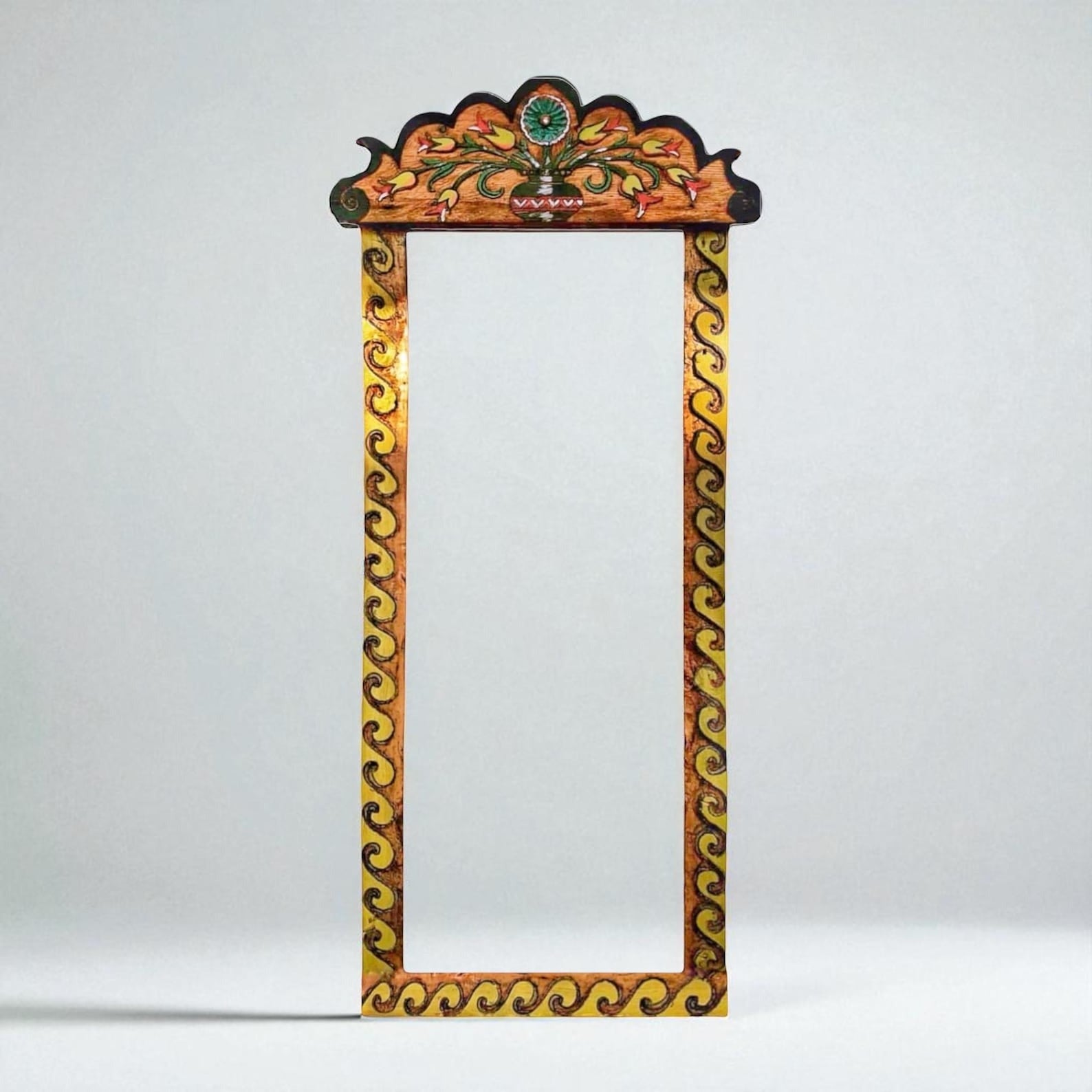 Boho Hand‑Carved Mango Wood Floor/Wall Mirror Frame — Painted Scalloped Crest, 74 × 23 in | Living Furn India