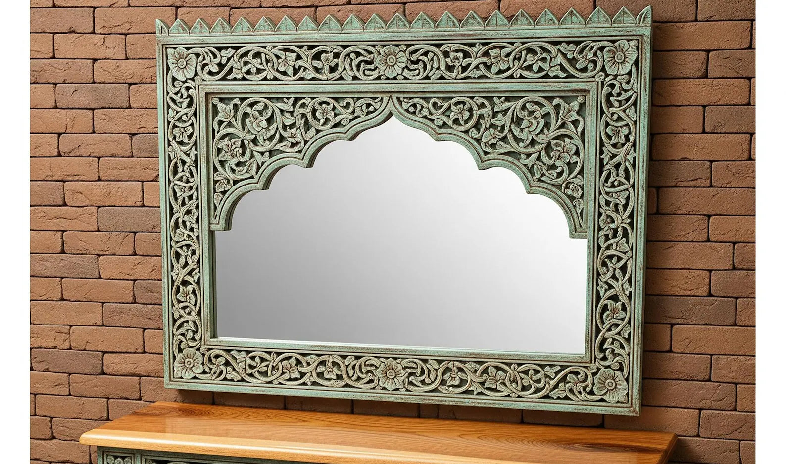 Indo‑Moroccan Carved Mango Wood Wall Mirror — Vintage Green Patina, 110 × 90 cm | Living Furn India