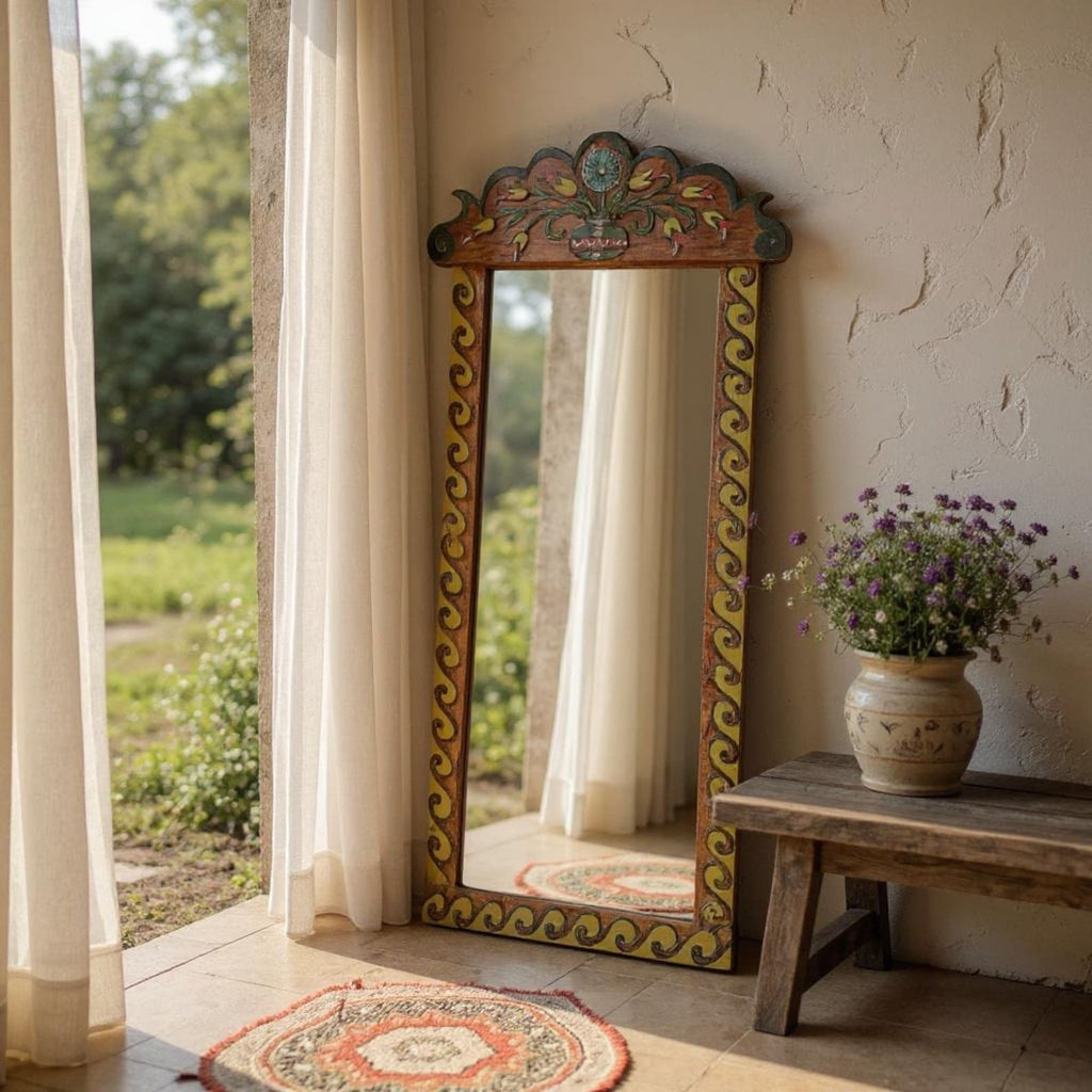 Boho Hand‑Carved Mango Wood Floor/Wall Mirror Frame — Painted Scalloped Crest, 74 × 23 in | Living Furn India