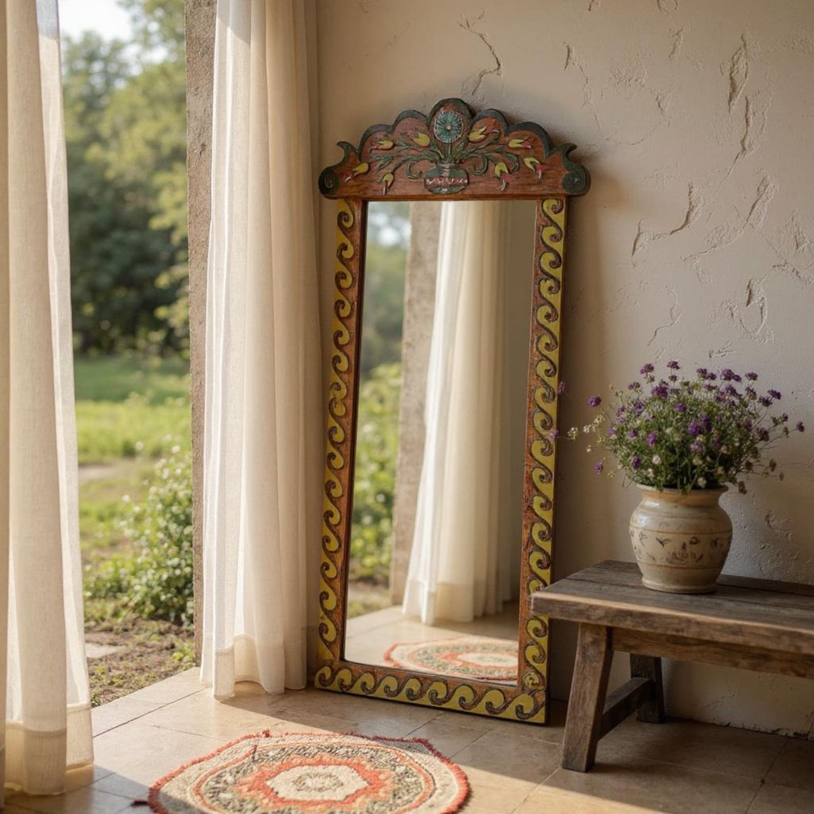 Boho Hand‑Carved Mango Wood Floor/Wall Mirror Frame — Painted Scalloped Crest, 74 × 23 in | Living Furn India