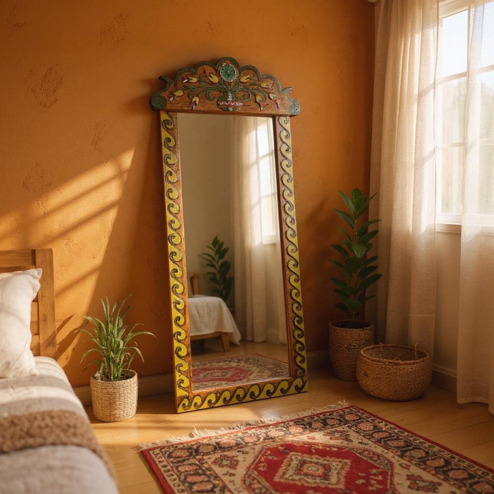 Boho Hand‑Carved Mango Wood Floor/Wall Mirror Frame — Painted Scalloped Crest, 74 × 23 in | Living Furn India