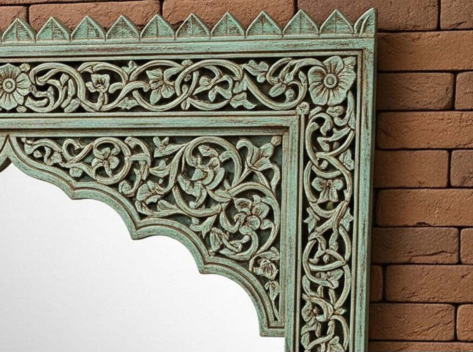 Indo‑Moroccan Carved Mango Wood Wall Mirror — Vintage Green Patina, 110 × 90 cm | Living Furn India