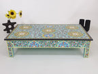 hand painted coffee table, mango wood coffee table, rectangular coffee table, tile motif table, painted wood table, colorful coffee table, bohemian table, mediterranean table, indian furniture, living room table, statement coffee table, handmade coffee table, artisan made table, premium wood table, quality furniture, durable table, sturdy table, timeless table, elegant table, ornate table, unique table, artistic table, focal piece table, handcrafted in india, sustainable mango wood, hand painted finish, sta