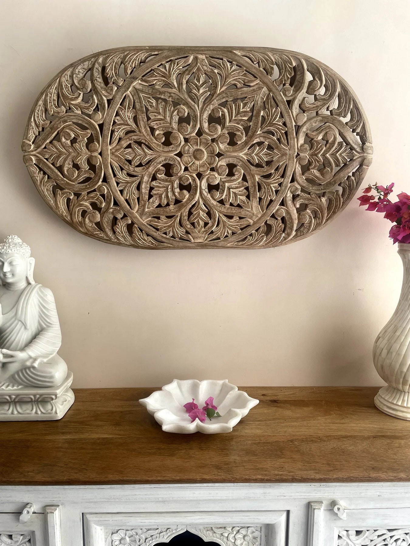 Hand‑Carved Wooden Wall Hanging Panel — Mango Wood, Distressed Natural Finish, 36 × 20 ×