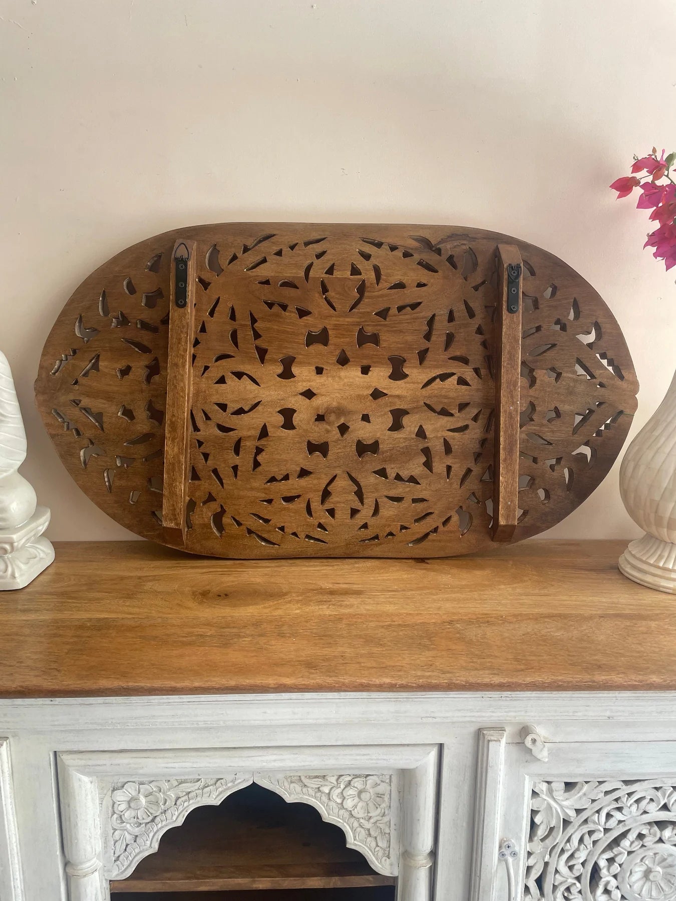 Hand‑Carved Wooden Wall Hanging Panel — Mango Wood, Distressed Natural Finish, 36 × 20 ×