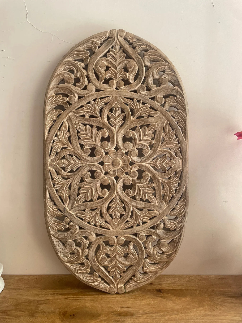 Hand‑Carved Wooden Wall Hanging Panel — Mango Wood, Distressed Natural Finish, 36 × 20 ×