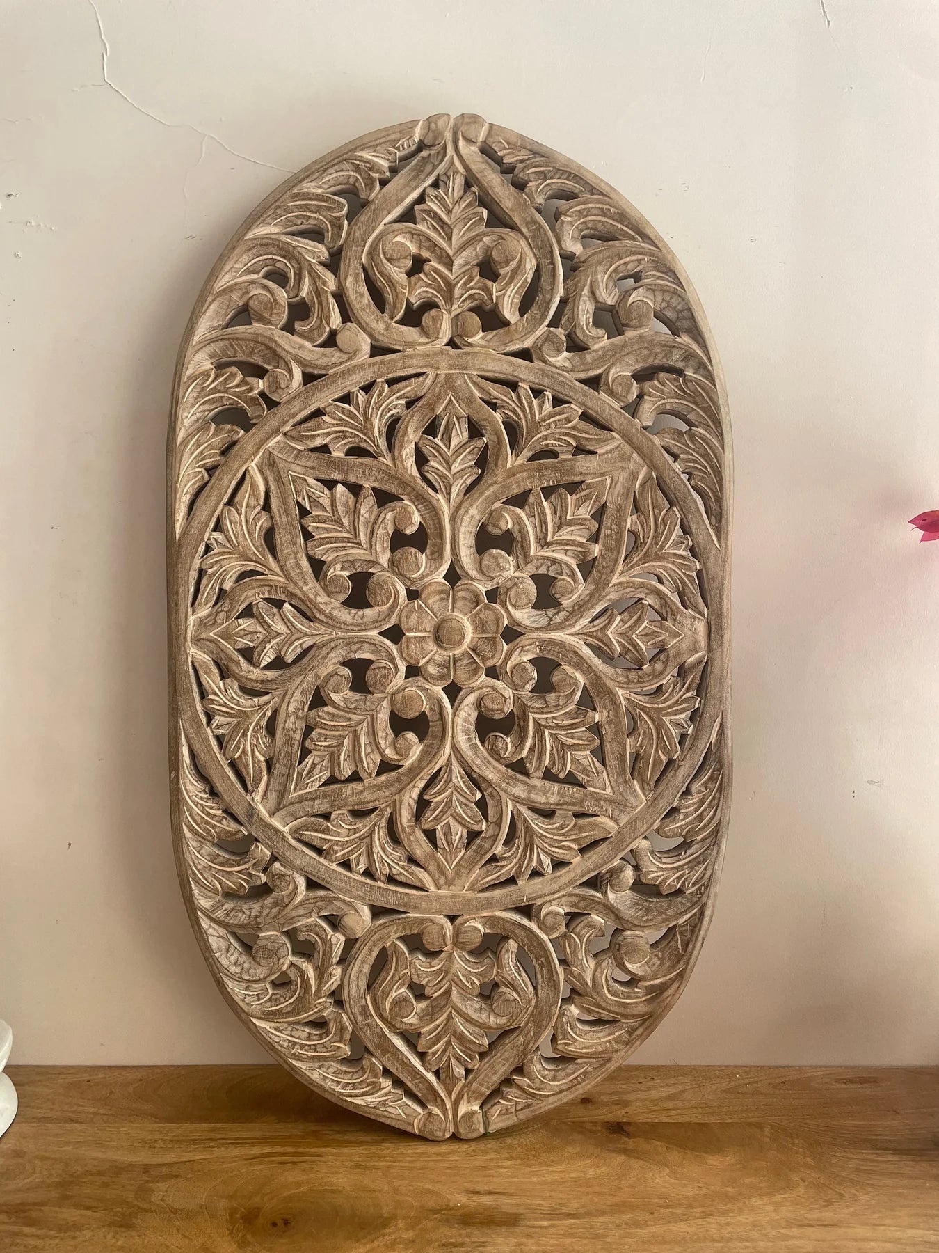 Hand‑Carved Wooden Wall Hanging Panel — Mango Wood, Distressed Natural Finish, 36 × 20 ×