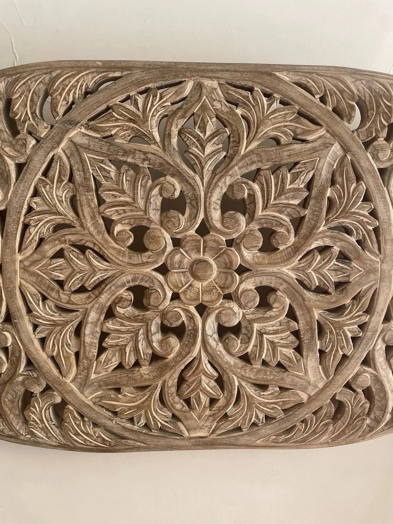 Hand‑Carved Wooden Wall Hanging Panel — Mango Wood, Distressed Natural Finish, 36 × 20 × plaques  above bed decor jlhomedecor2021.myshopify.com