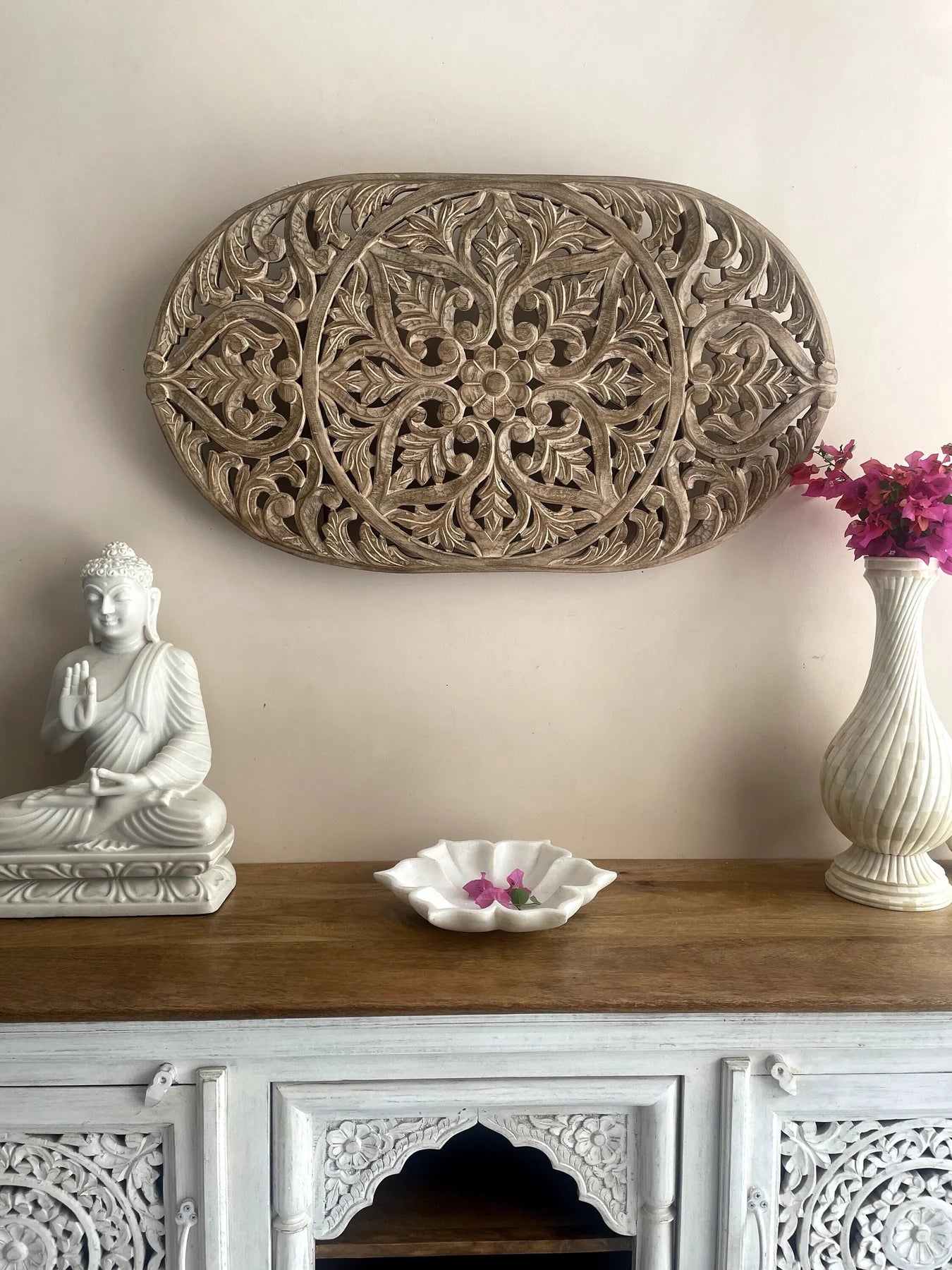 Hand‑Carved Wooden Wall Hanging Panel — Mango Wood, Distressed Natural Finish, 36 × 20 ×