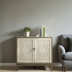 "Elegant wooden cabinet with shelves, perfect for living room storage."
