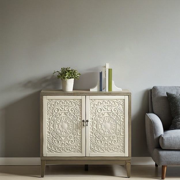 "Elegant wooden cabinet with shelves, perfect for living room storage."
