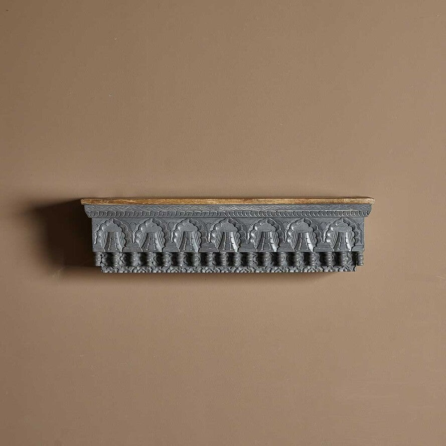 Hand‑Carved Mango Wood Floating Shelf — Jharokha Arch Design, Distressed Finish, 85 × 23 × 20 cm (6 kg)