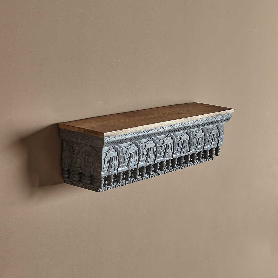 Hand‑Carved Mango Wood Floating Shelf — Jharokha Arch Design, Distressed Finish, 85 × 23 × 20 cm (6 kg)