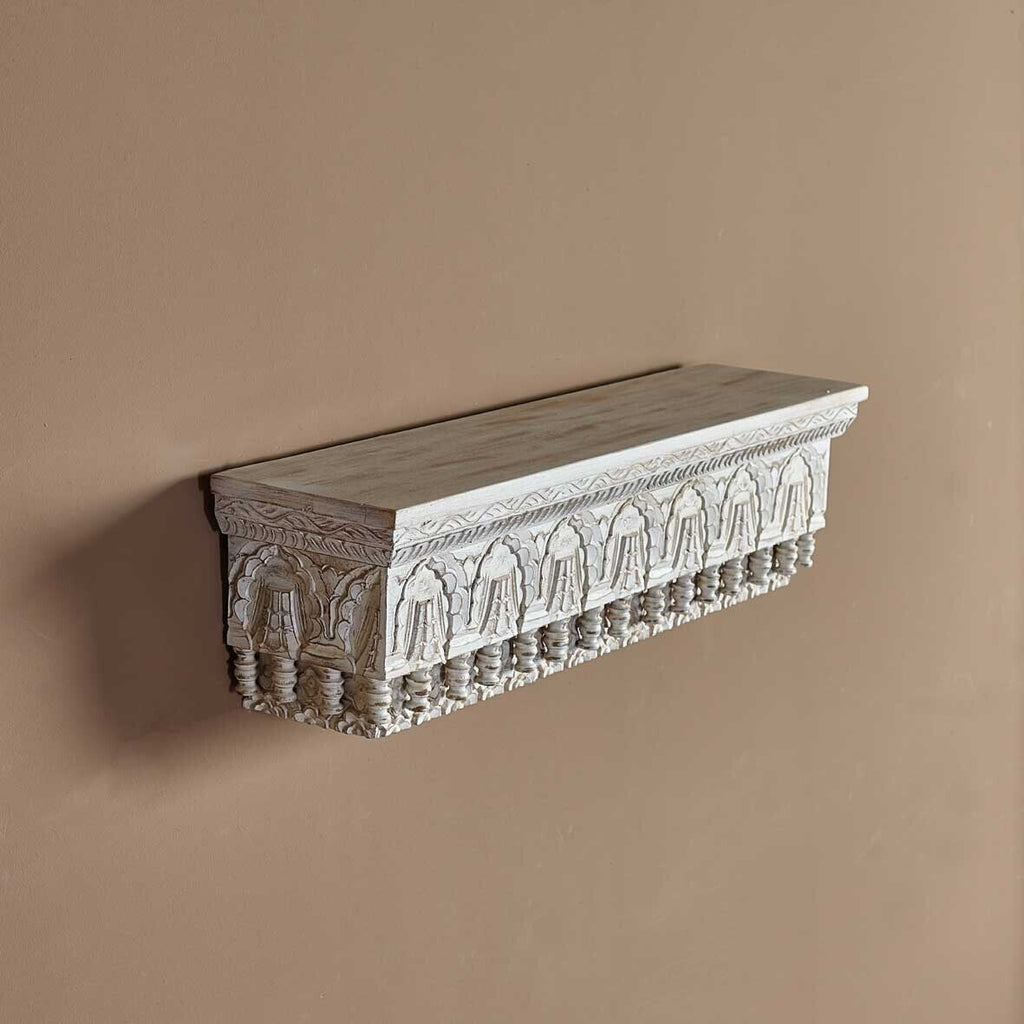 Hand‑Carved Mango Wood Floating Shelf — Jharokha Arch Design, Distressed Finish, 85 × 23 × 20 cm (6 kg)