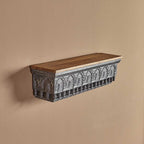 Hand‑Carved Mango Wood Floating Shelf — Jharokha Arch Design, Distressed Finish, 85 × 23 × 20 cm (6 kg)